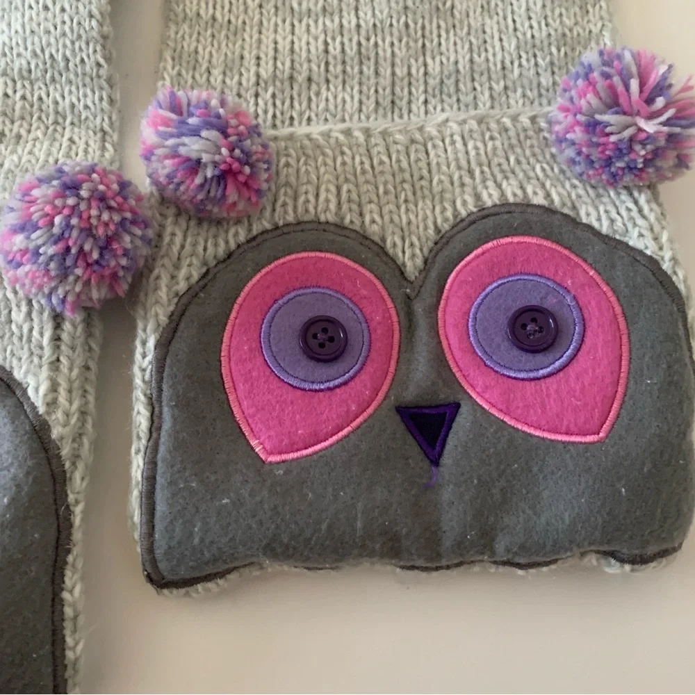 Kids Knit Owl Beanie Hat With Matching Pocket Scarf Gray and Pink